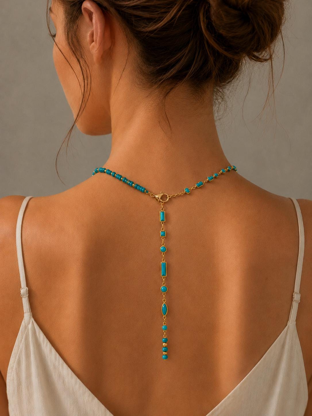 18K Gold Filled Floating Turquoise Multi Cut Rondelle Bezel Half Cable Gemstone Floating Necklace Chain 19 Inch Necklace | WA-01384