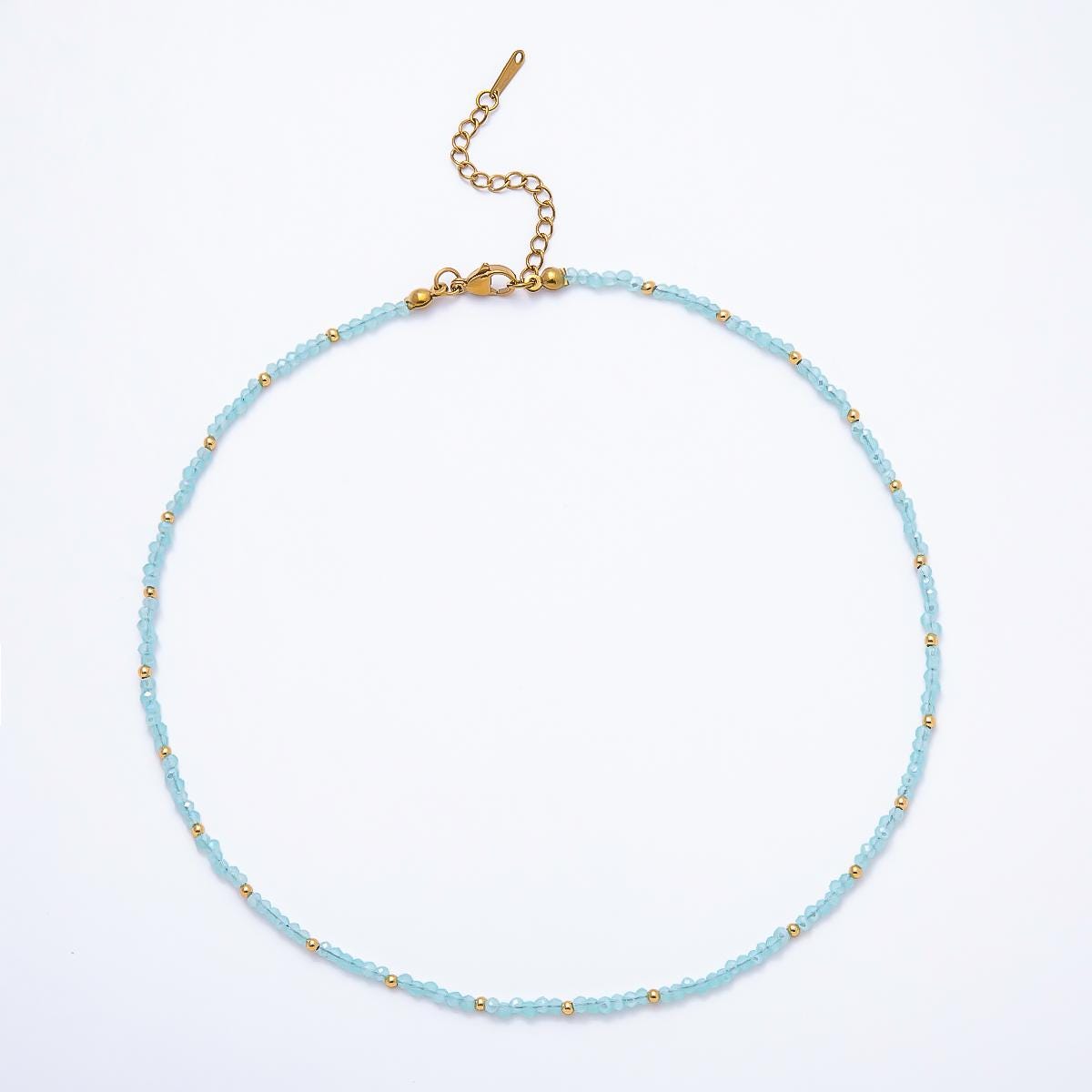 Handmade 2.5mm Sapphire, Clear Quartz, Aquamarine, Peridot Dainty Faceted Crystal Bead Gemstone Chain 16in Necklace w. Extender | WA-00562