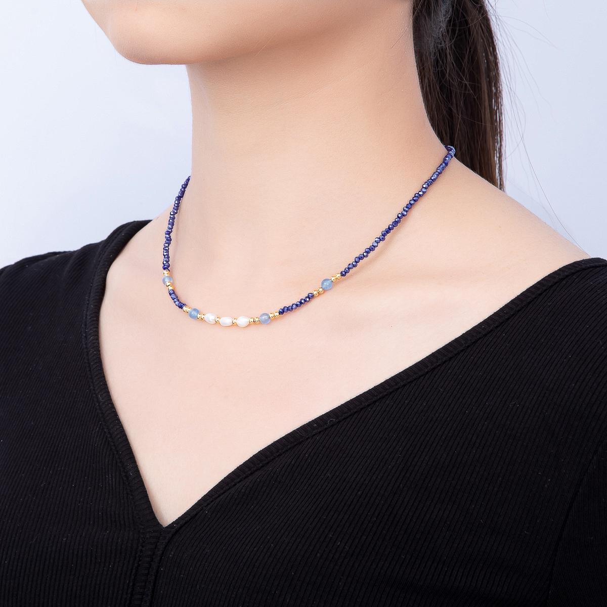 Handmade 2.5mm Shell Pearl Blue, Light Blue, Black Multifaceted Crystal Gemstone Chain 16 Inch Necklace Minimalist Boho Jewelry | WA-00689