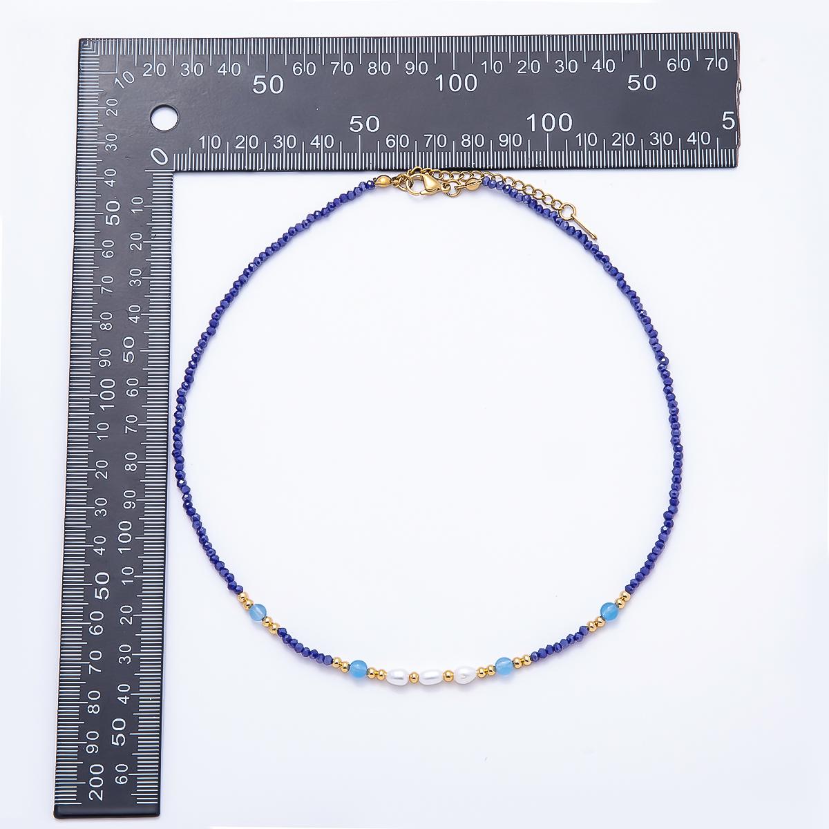 Handmade 2.5mm Shell Pearl Blue, Light Blue, Black Multifaceted Crystal Gemstone Chain 16 Inch Necklace Minimalist Boho Jewelry | WA-00689