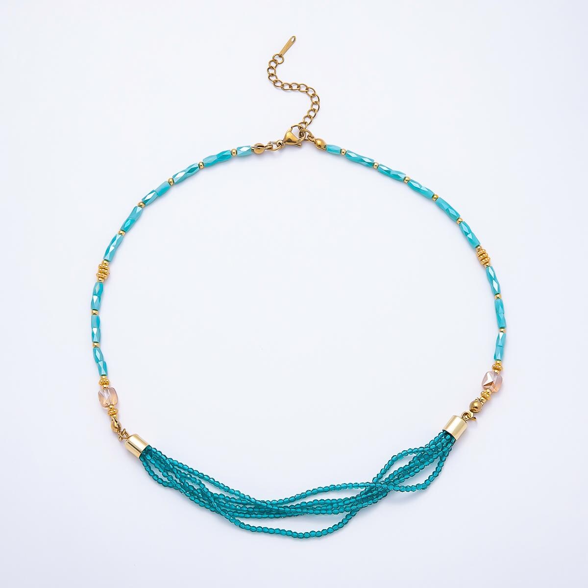 Handmade 3mm Blue, Red, White Crystal Round Tube Multi Layer Gemstone Chain 16.5 Inch Necklace Statement Jewelry Chokers | WA-00811