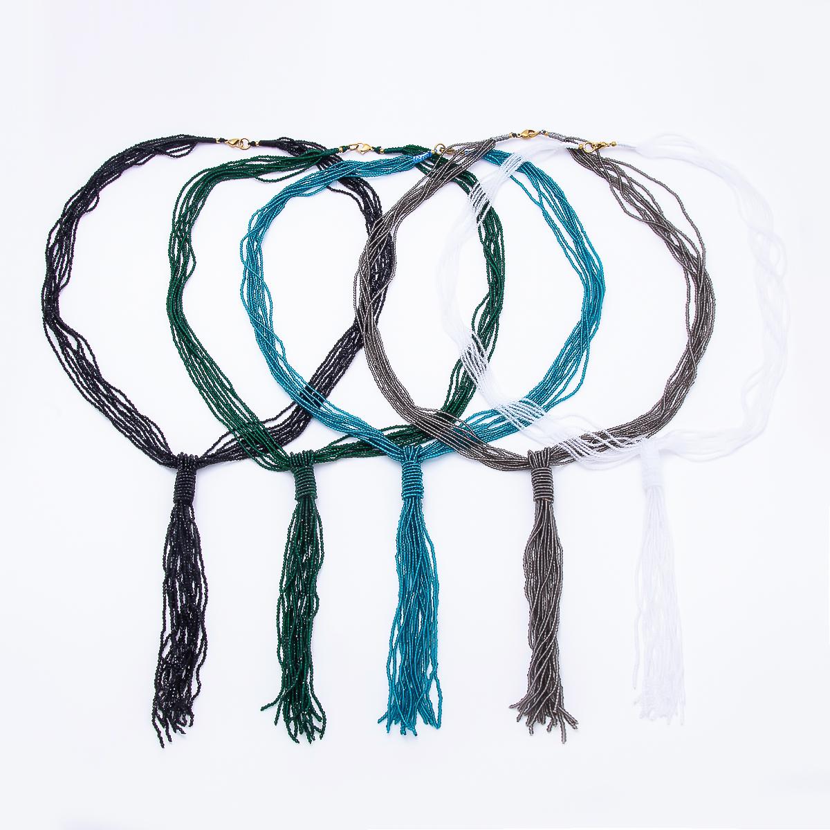 Black, Green, Blue, Grey, White Boho Multi Layer Fringe Knot Lariat Multifaceted Crystal Gemstone Chain 30 Inch Necklace Jewelry | WA-01096