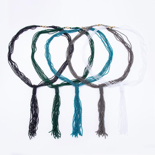 Black, Green, Blue, Grey, White Boho Multi Layer Fringe Knot Lariat Multifaceted Crystal Gemstone Chain 30 Inch Necklace Jewelry | WA-01096