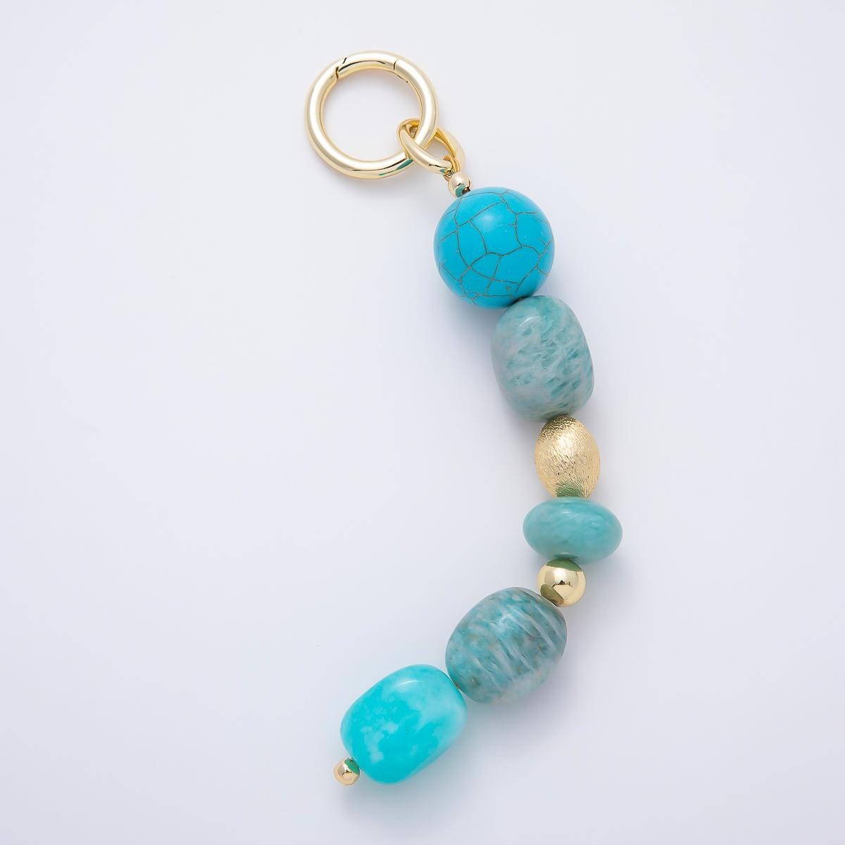16K Gold Filled 6 Inch Blue Amazonite Turquoise Textured Bead Gemstone Bag Charm Keychain Push Gate Boho Purse Accessory Gift | WB-00371