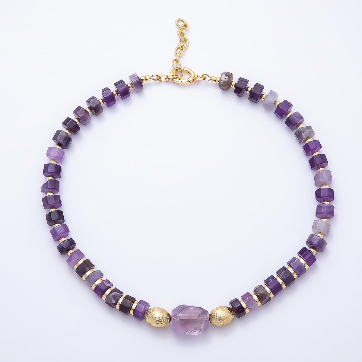 Handmade 16K Gold Filled Purple Amethyst Tube Gemstone Chain 18 Inch Necklace Raw Crystal Choker Boho Luxury Gift for Her | WA-01481