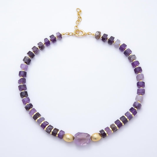 Handmade 16K Gold Filled Purple Amethyst Tube Gemstone Chain 18 Inch Necklace Raw Crystal Choker Boho Luxury Gift for Her | WA-01481