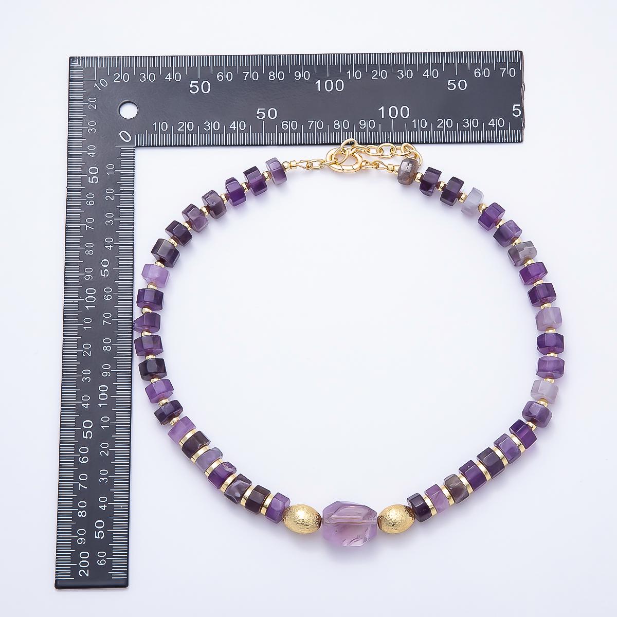 Handmade 16K Gold Filled Purple Amethyst Tube Gemstone Chain 18 Inch Necklace Raw Crystal Choker Boho Luxury Gift for Her | WA-01481