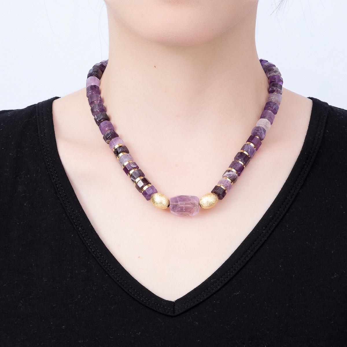 Handmade 16K Gold Filled Purple Amethyst Tube Gemstone Chain 18 Inch Necklace Raw Crystal Choker Boho Luxury Gift for Her | WA-01481