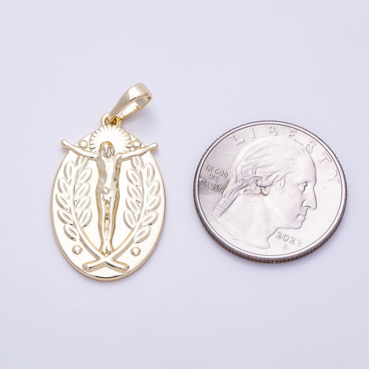 16K Gold Filled 28mm Religious Crucifix Double Sided Oval Pendant Jesus Medal Laurel Wreath Necklace Charm Jewelry Finding | Charms-01469