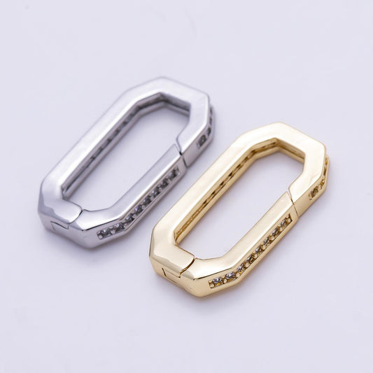 16K Gold Filled 18mm Micro Paved CZ Edged Oblong Push Gate Enhancer Findings in Gold & Silver Karabiner Clasp Charm Holder | Findings-00428
