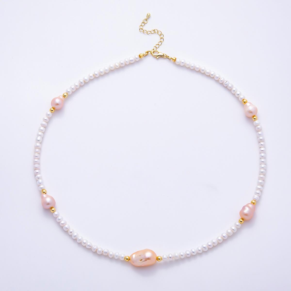 16K Gold Filled 5mm Pink Baroque White Ringed Button Freshwater Pearl Gemstone Chain 20 Inch Necklace Statement Choker Strand | WA-01639