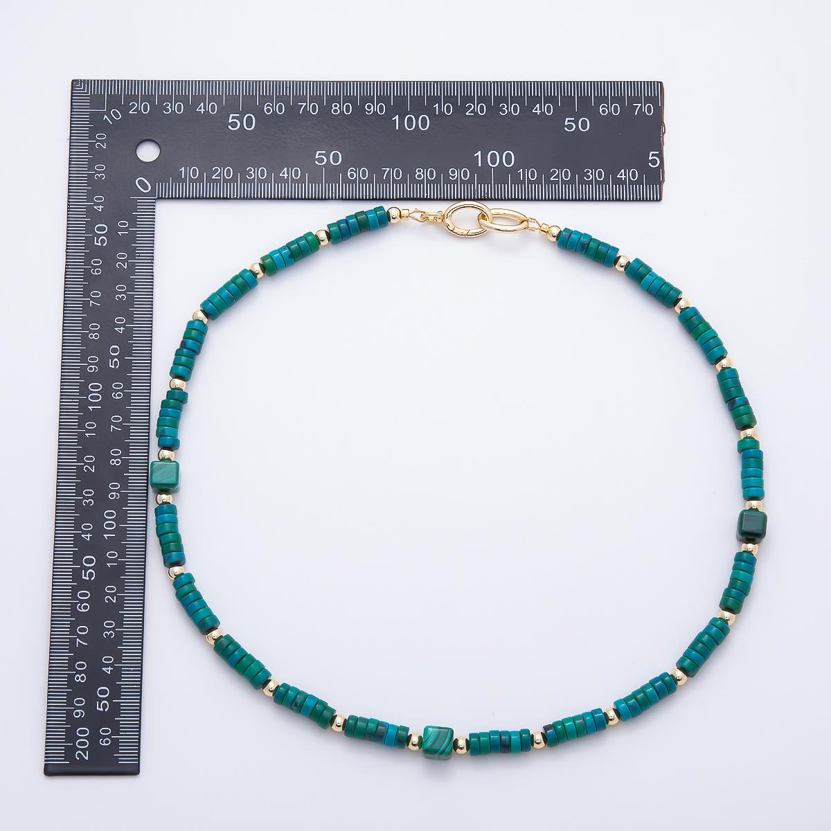 16K Gold Filled 7mm Green Malachite Tube Rondelle Gemstone Chain 20.5 Inch Necklace w. Dual Push Gate Charm Holder Trendy Jewelry | WA-01960