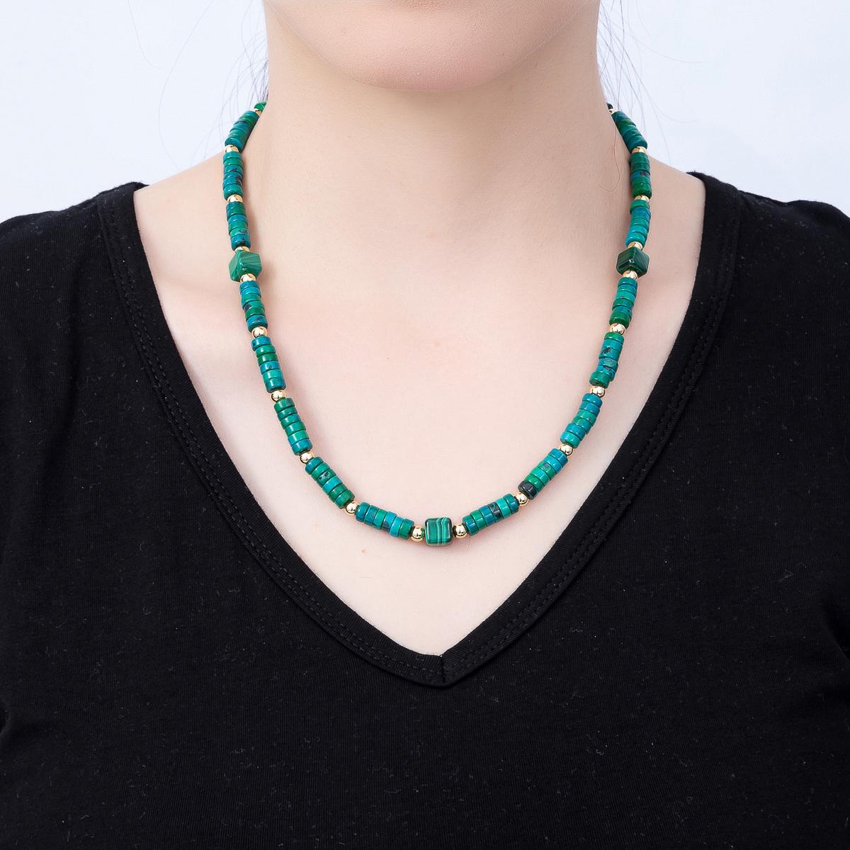 16K Gold Filled 7mm Green Malachite Tube Rondelle Gemstone Chain 20.5 Inch Necklace w. Dual Push Gate Charm Holder Trendy Jewelry | WA-01960
