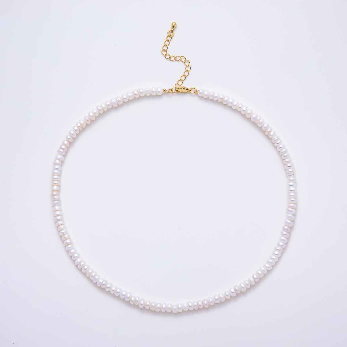 18K Gold Filled 5mm White Freshwater Pearl Rondelle Gemstone Chain 15 Inch Choker Necklace Wedding Jewelry Elegant Gift for her | WA-02321