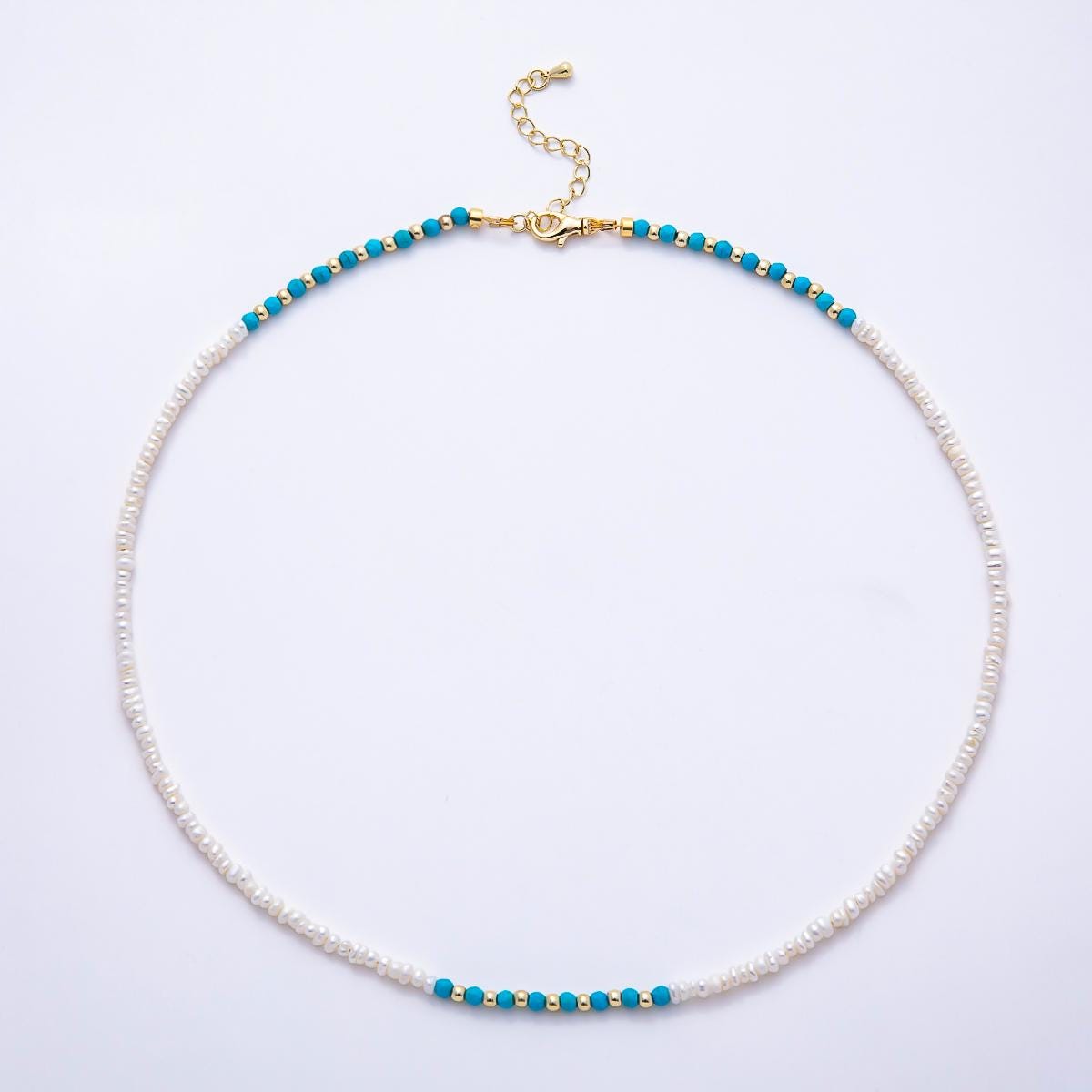 16K Gold Filled 3mm Blue Turquoise Round White Seed Freshwater Pearl 17.5 Inch Necklace Coastal Boho Beach Layering Jewelry | WA-01649