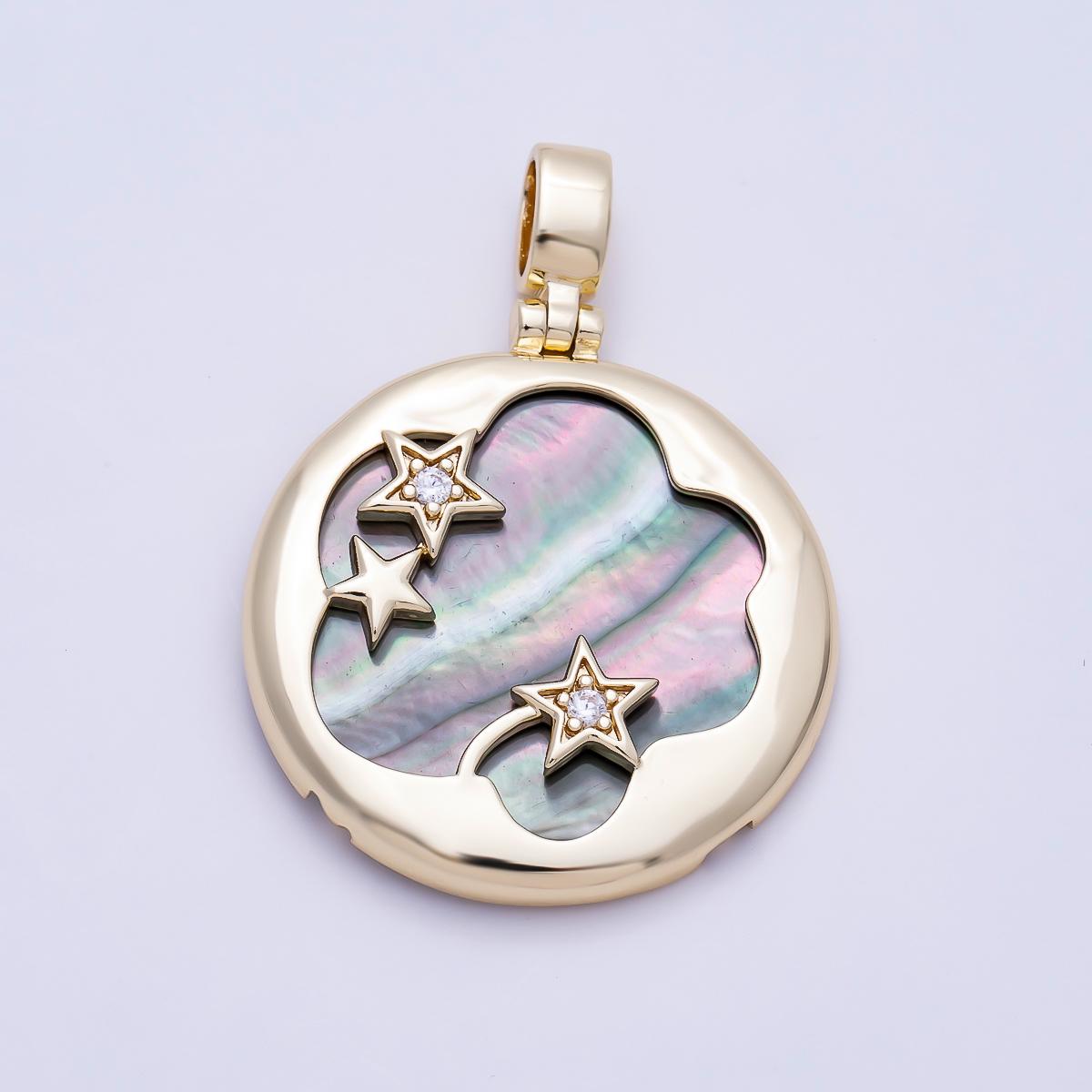 16K Gold Filled 37.5mm Tahitian Black Shell Pearl Celestial Star Bezel Round Pendant Dainty Cosmic Jewelry Gift for Her | Charms-01480