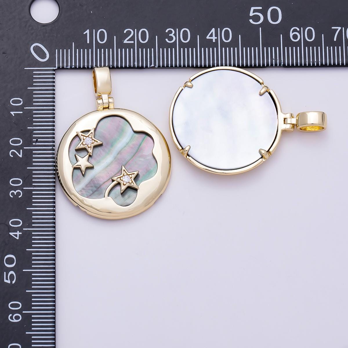 16K Gold Filled 37.5mm Tahitian Black Shell Pearl Celestial Star Bezel Round Pendant Dainty Cosmic Jewelry Gift for Her | Charms-01480