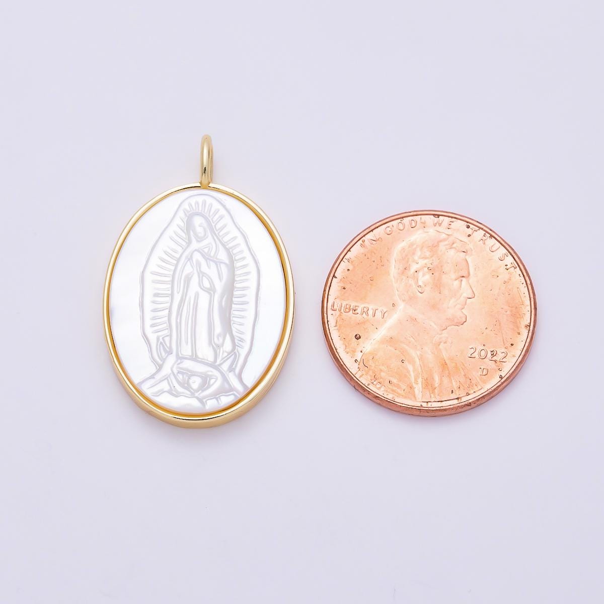 16K Gold Filled 26.5mm White Shell Pearl Lady Guadalupe Mary Oval Charm Religious Medallion Sacred Heart Protection Gift | Charms-01481