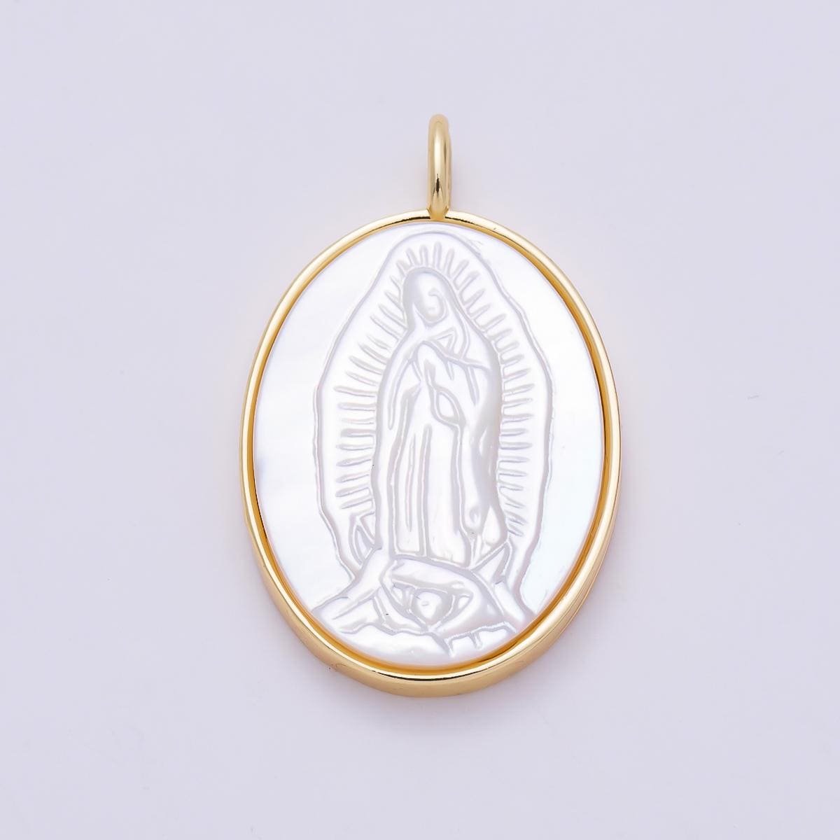 16K Gold Filled 26.5mm White Shell Pearl Lady Guadalupe Mary Oval Charm Religious Medallion Sacred Heart Protection Gift | Charms-01481