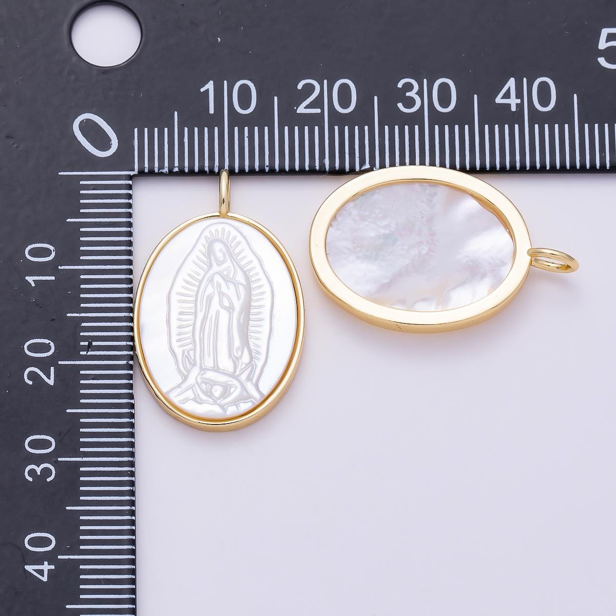 16K Gold Filled 26.5mm White Shell Pearl Lady Guadalupe Mary Oval Charm Religious Medallion Sacred Heart Protection Gift | Charms-01481