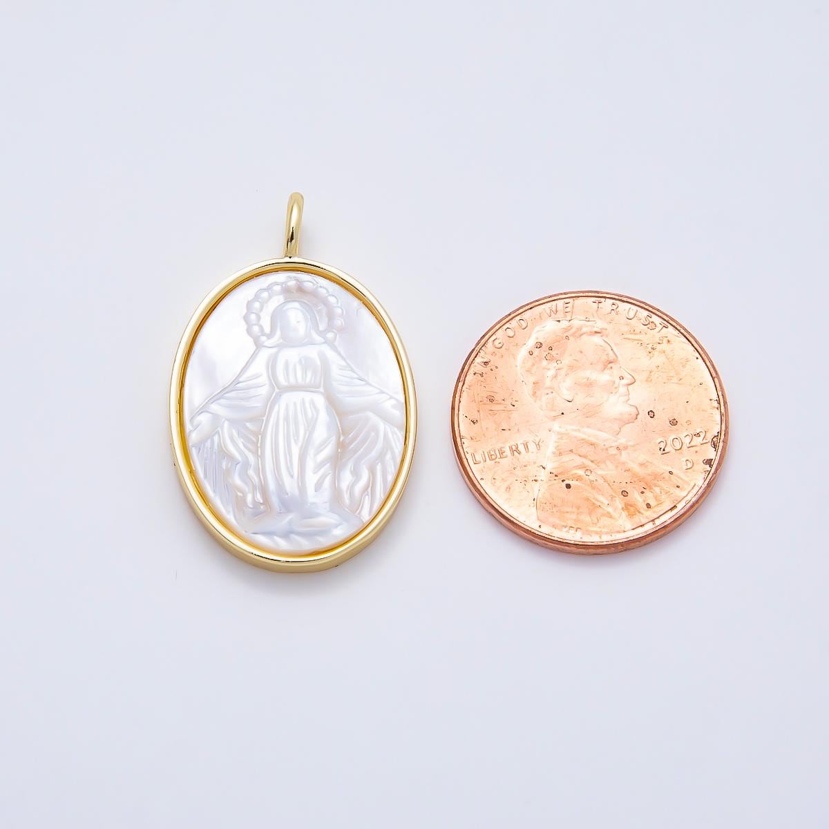 16K Gold Filled 27mm White Shell Pearl Lady Guadalupe Mary Oval Charm Religious Medallion Sacred Heart Protection Gift | Charms-01508