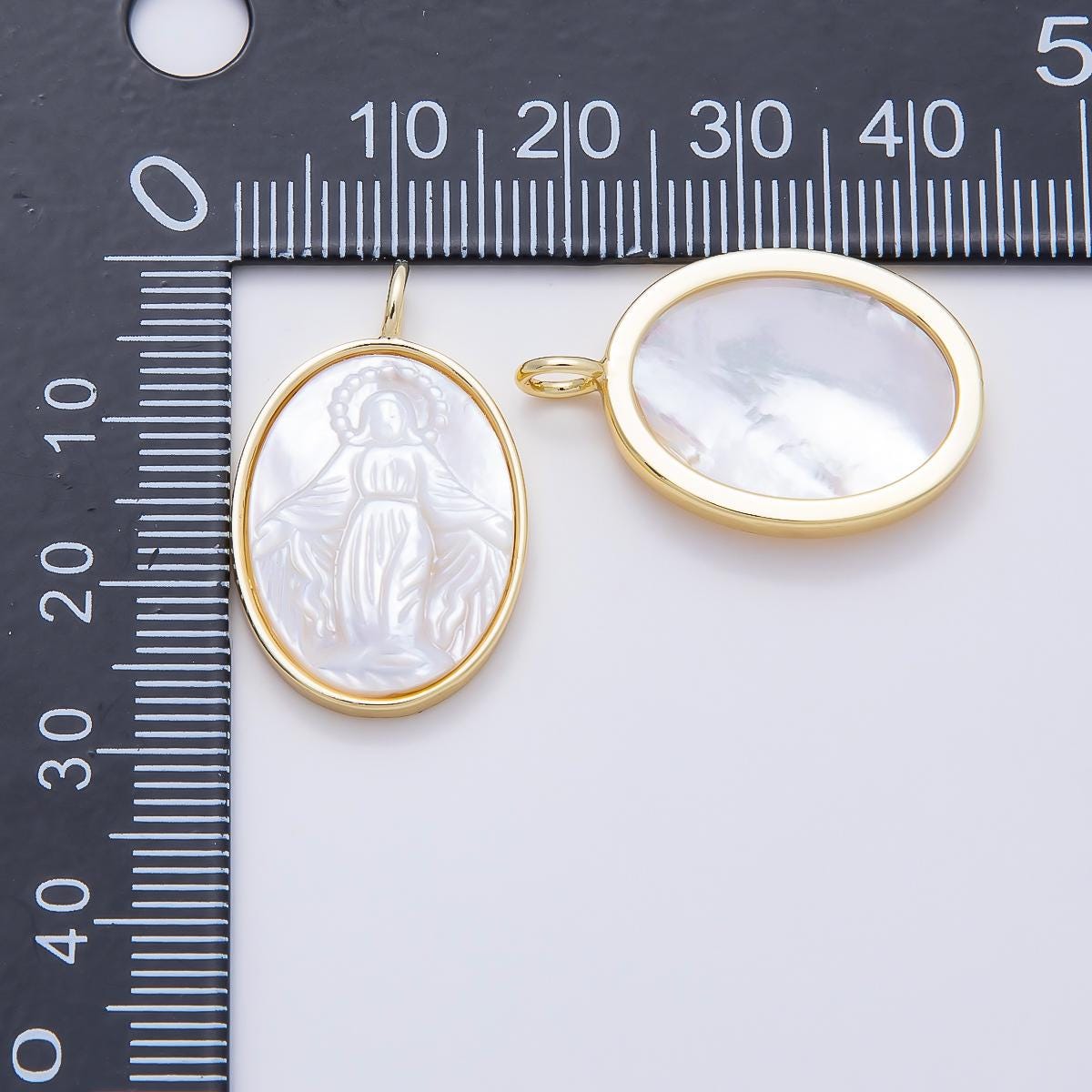 16K Gold Filled 27mm White Shell Pearl Lady Guadalupe Mary Oval Charm Religious Medallion Sacred Heart Protection Gift | Charms-01508
