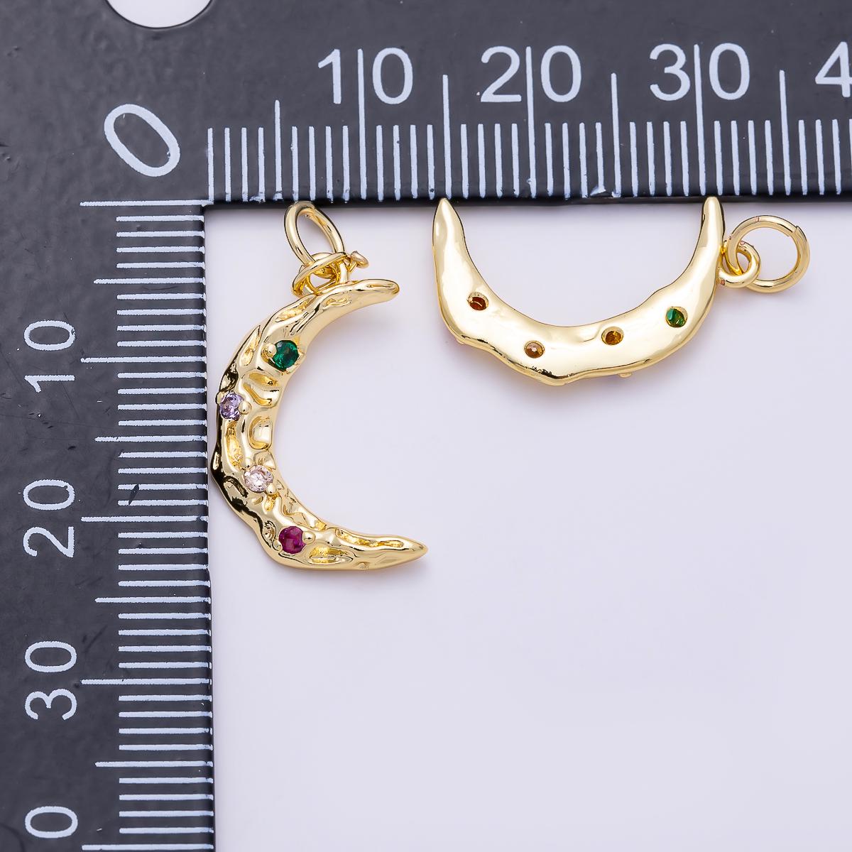 Crescent moon charm 16k gold filled Rustic Moon pendant necklace, celestial jewelry Multi Color cz stone Charms-01487
