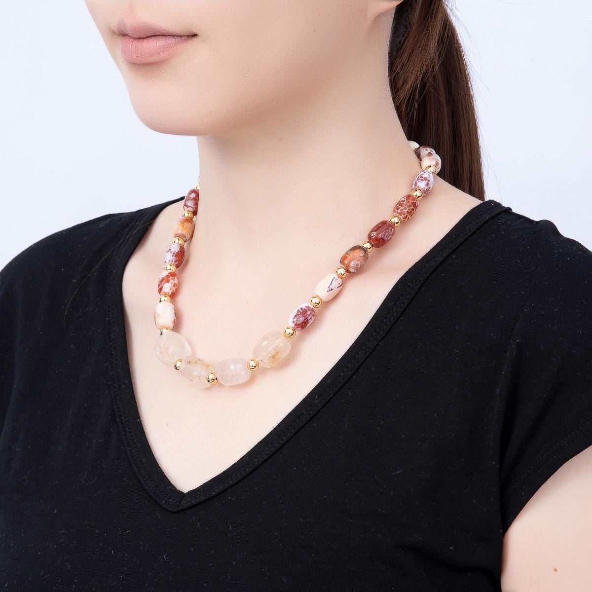 16K Gold Filled 10.5mm Red Jasper Bead Rectangle Gemstone Chain 19 Inch Necklace w. Dual Push Gate Boho Beach Jewelry for her | WA-00048