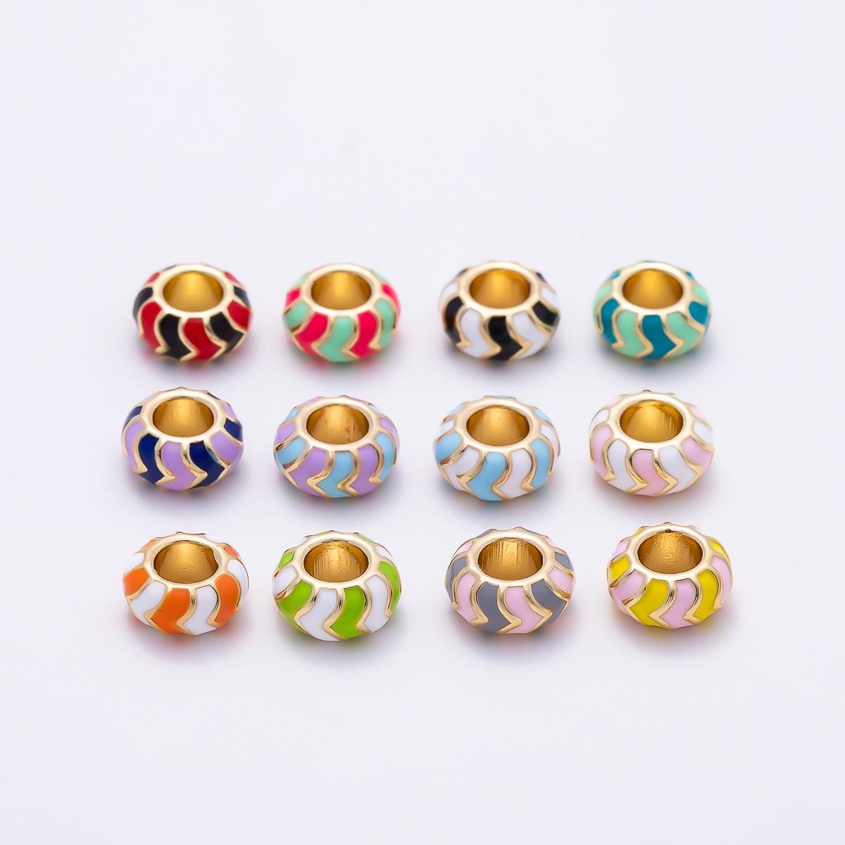 18k Gold Filled 10mm Colorful Chevron Enamel Spacer Bead Rondelle Charm Add on for Necklaces, Bracelets DIY Jewelry Making Supply BEADS-469