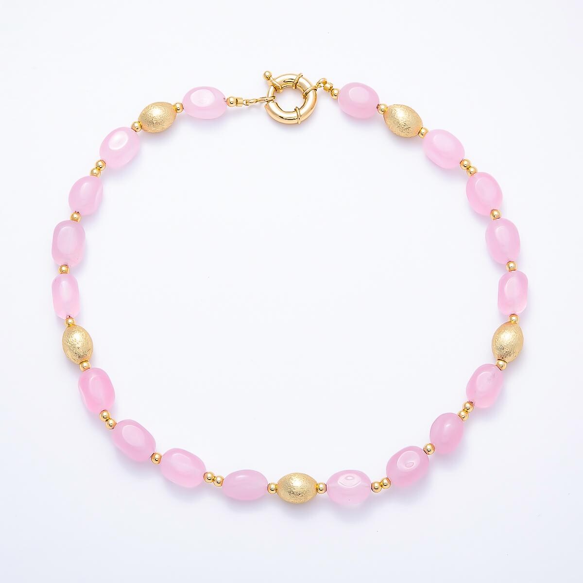16K Gold Filled 10mm Pink Quartz Textured Bead Rectangle Gemstone Chain 19 Inch Necklace w. Sailor Clasps Layering Jewelry for her| WA-01958