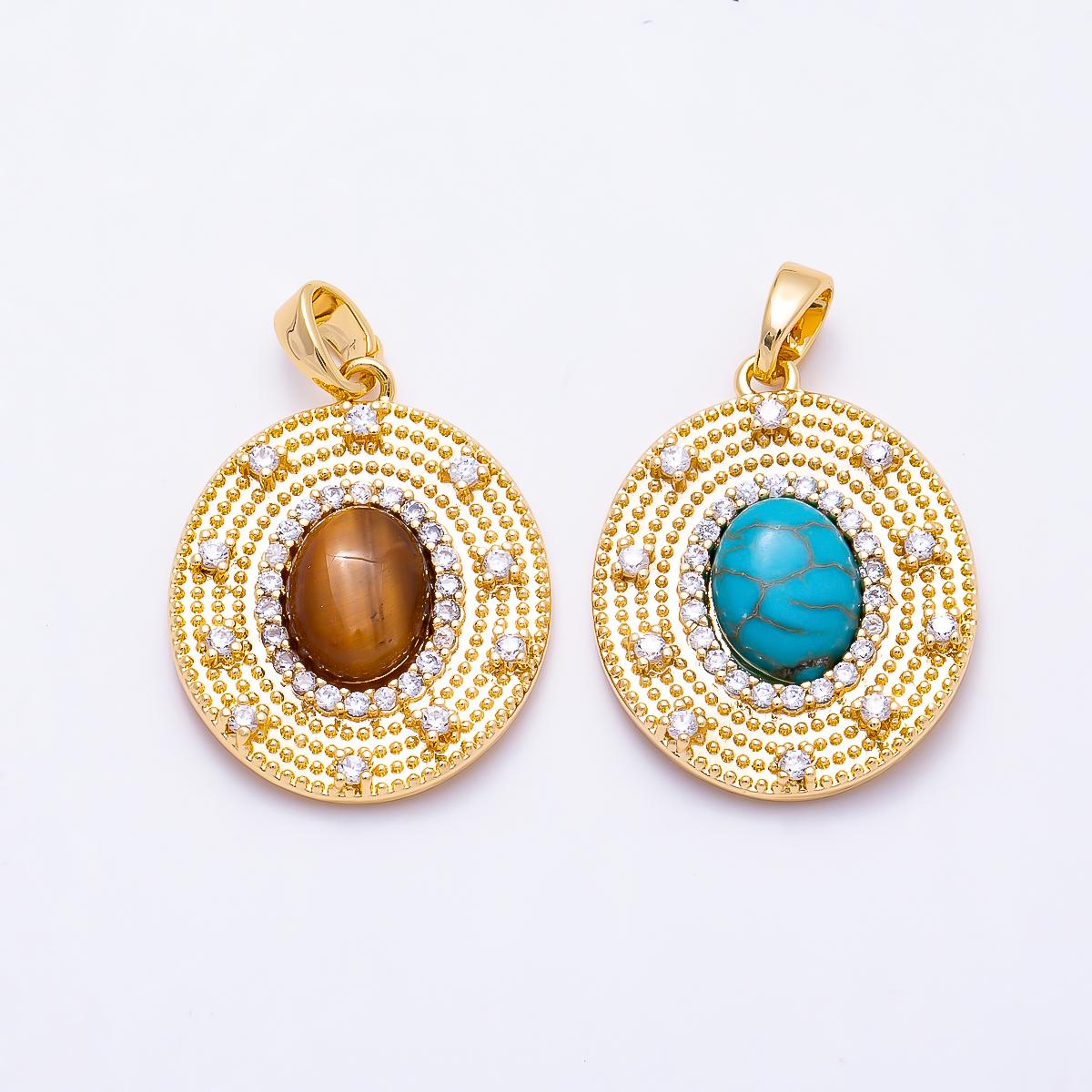 16K Gold Filled 23mm Turquoise, Tiger Eye Cabochon Micro Paved CZ Dotted Oval Pendant Bohemian Necklace Statement Gift for her| Charms-01495