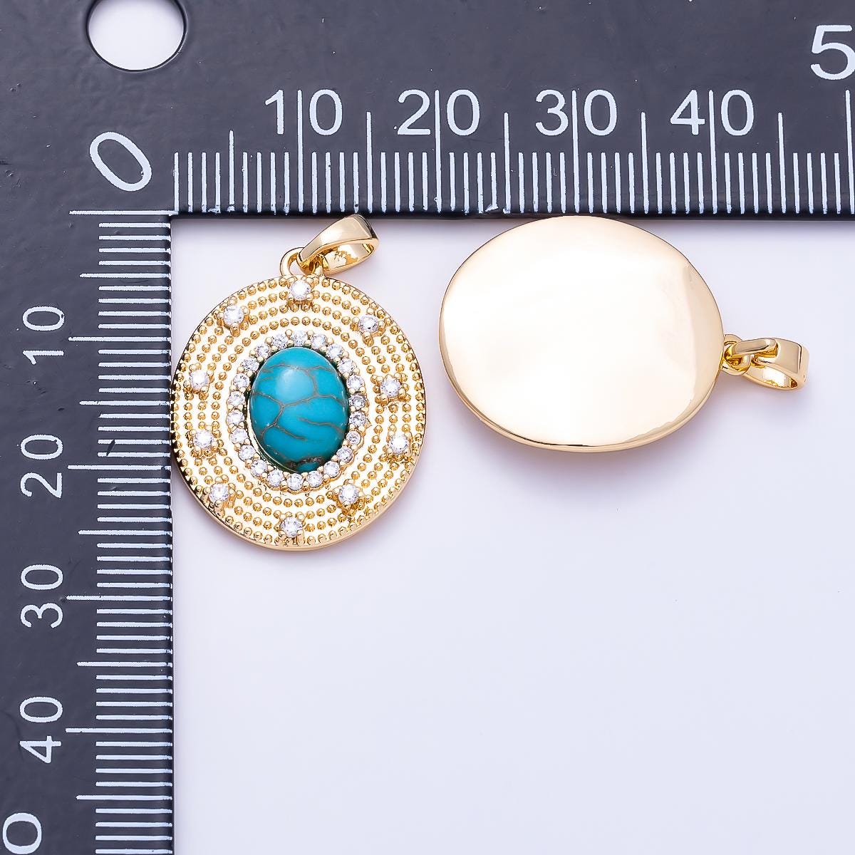 16K Gold Filled 23mm Turquoise, Tiger Eye Cabochon Micro Paved CZ Dotted Oval Pendant Bohemian Necklace Statement Gift for her| Charms-01495