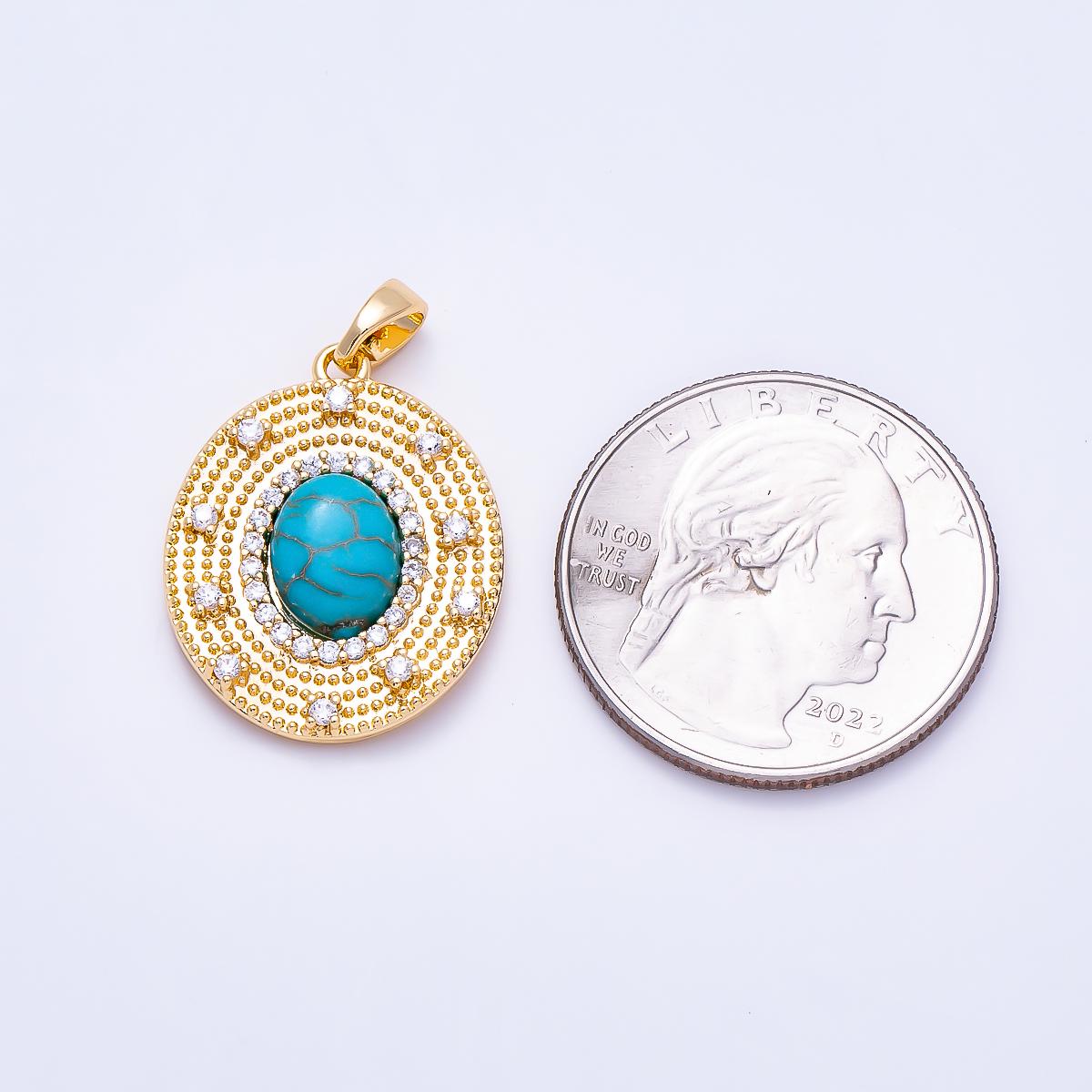 16K Gold Filled 23mm Turquoise, Tiger Eye Cabochon Micro Paved CZ Dotted Oval Pendant Bohemian Necklace Statement Gift for her| Charms-01495