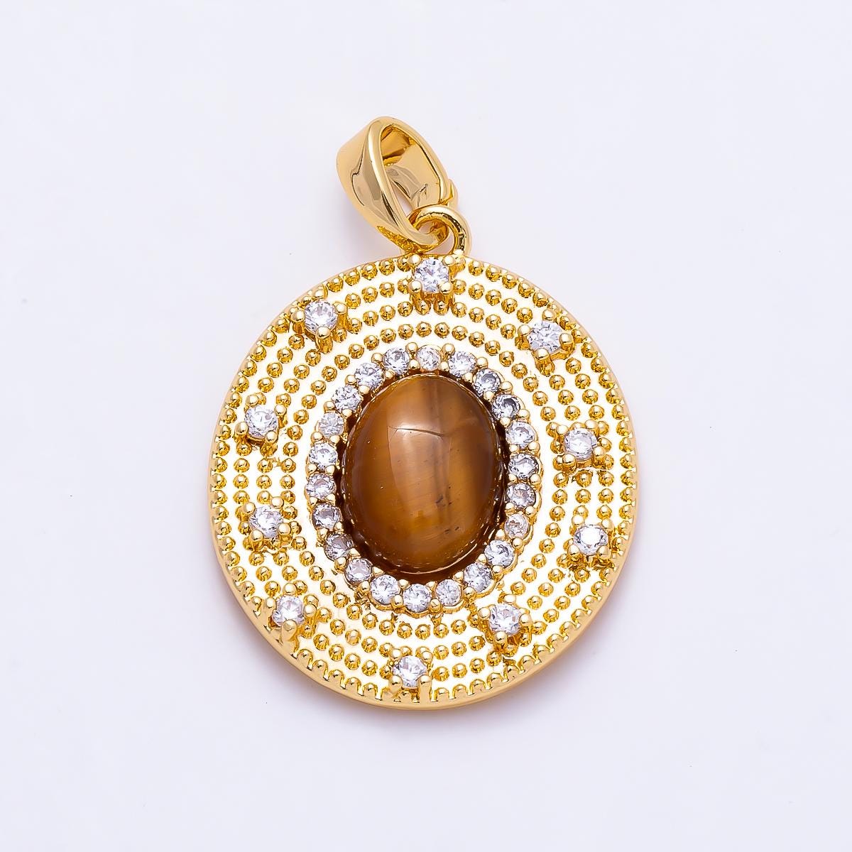 16K Gold Filled 23mm Turquoise, Tiger Eye Cabochon Micro Paved CZ Dotted Oval Pendant Bohemian Necklace Statement Gift for her| Charms-01495