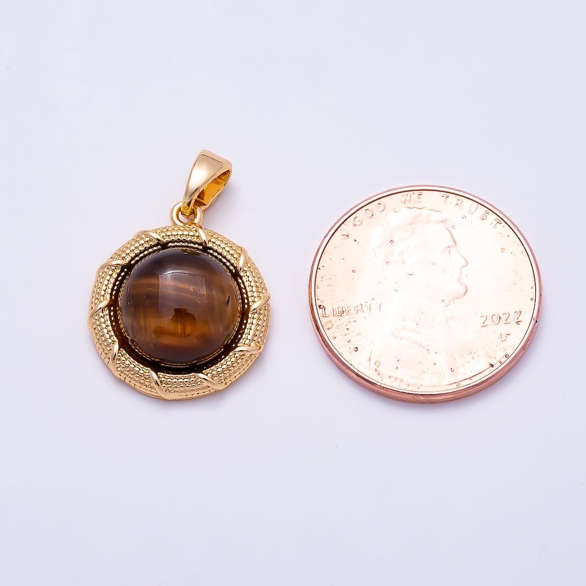 16K Gold Filled 17mm Tiger Eye Cabochon Dotted Lined Bezel Round Pendant Bohemian Jewelry Supply Gift for Her Necklace | Charms-01499