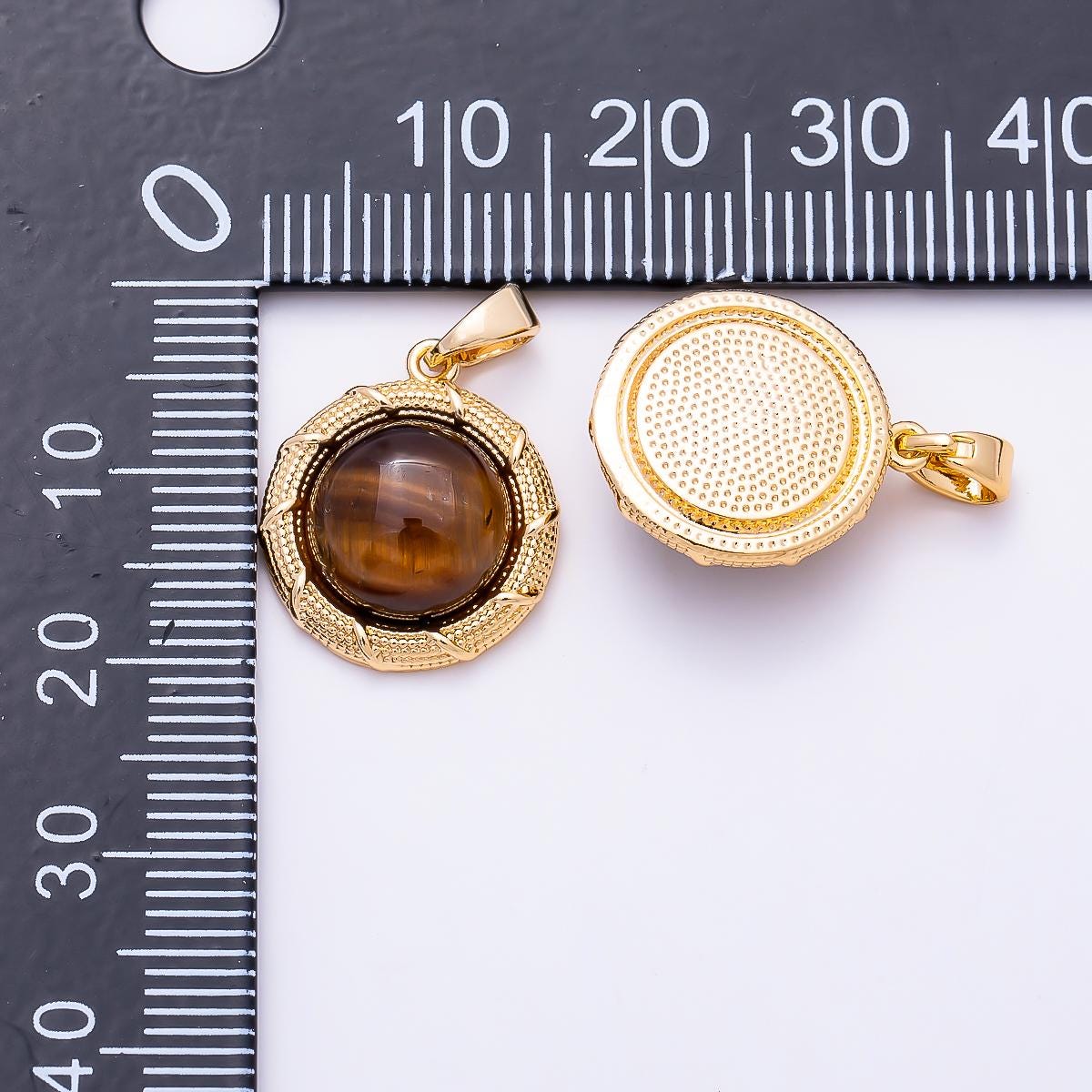 16K Gold Filled 17mm Tiger Eye Cabochon Dotted Lined Bezel Round Pendant Bohemian Jewelry Supply Gift for Her Necklace | Charms-01499
