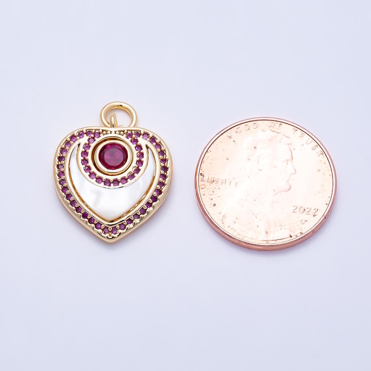 16K Gold Filled 18mm Fuchsia, Clear Micro Paved CZ Shell Pearl Heart Charm Romantic Jewelry Supply Gift for her Necklace | Charms-01501