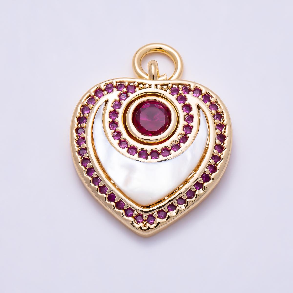 16K Gold Filled 18mm Fuchsia, Clear Micro Paved CZ Shell Pearl Heart Charm Romantic Jewelry Supply Gift for her Necklace | Charms-01501