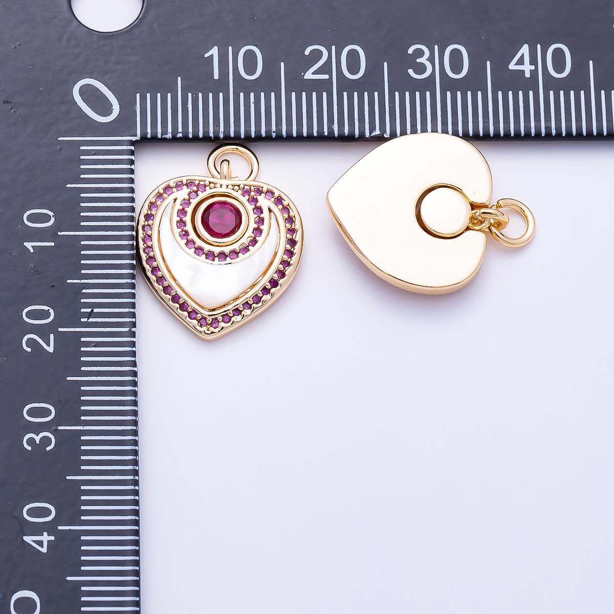 16K Gold Filled 18mm Fuchsia, Clear Micro Paved CZ Shell Pearl Heart Charm Romantic Jewelry Supply Gift for her Necklace | Charms-01501