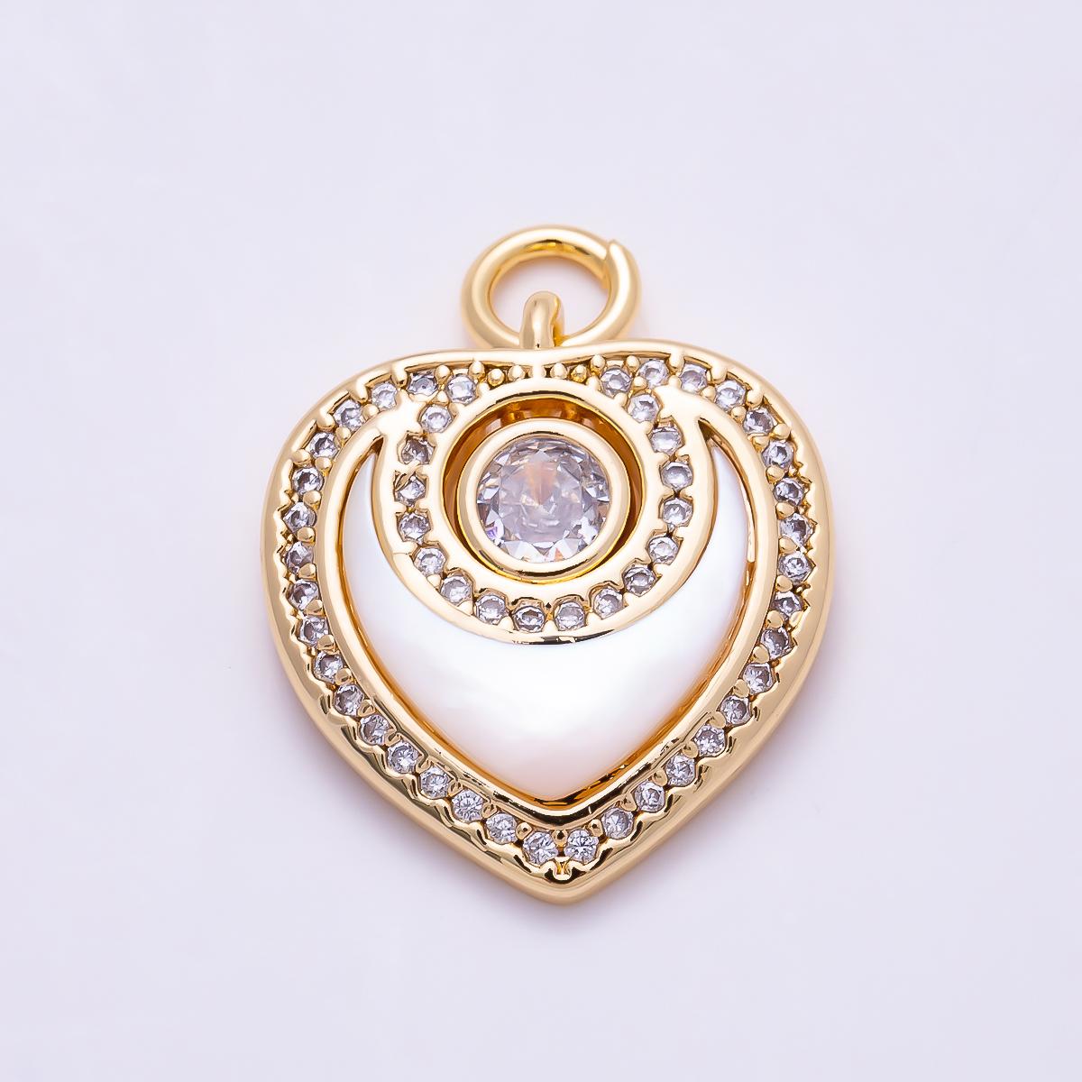 16K Gold Filled 18mm Fuchsia, Clear Micro Paved CZ Shell Pearl Heart Charm Romantic Jewelry Supply Gift for her Necklace | Charms-01501